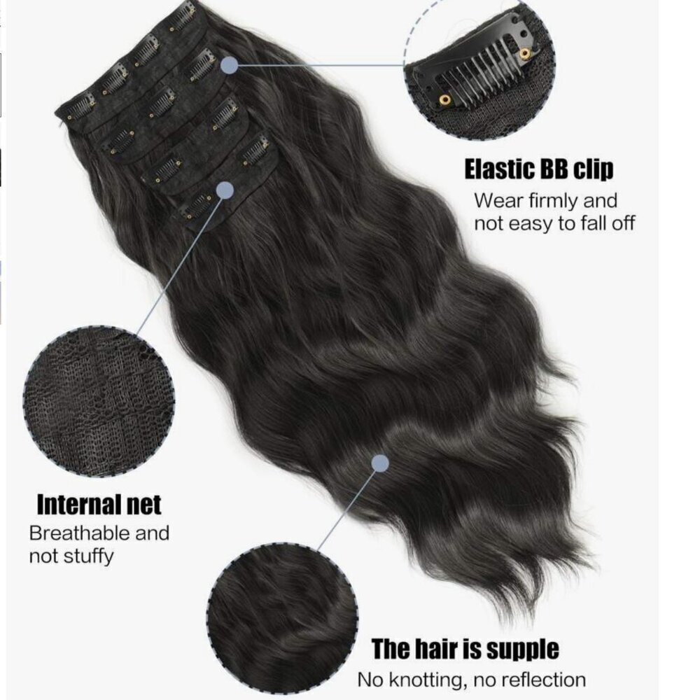 Voluminizing Full head Hair Extensions Set in Black - Clip ins 24 in long - Picture 2 of 9